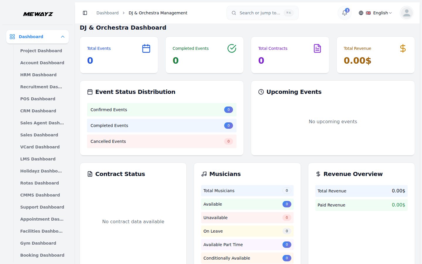 Mewayz entertainment and venue management dashboard — bookings, artists, and events