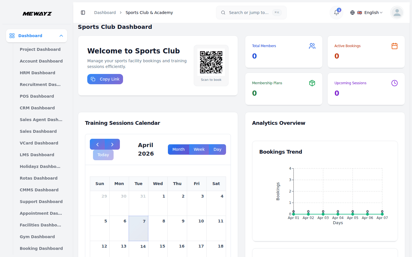 Mewayz sports club management dashboard — members, teams, and fixtures