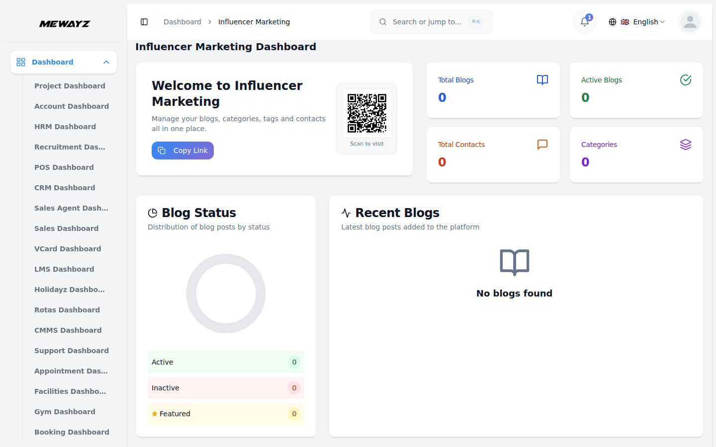 Mewayz influencer and creator management dashboard — brand deals, content, and income